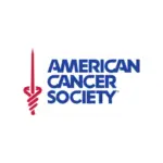 Logo of the American Cancer Society featuring a red sword with a serpentine design on the left and the organization's name in blue uppercase letters to the right, evoking the elegance and impact of a model gracing a runway.