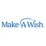 The image displays the Make-A-Wish Foundation logo. The text "Make-A-Wish" is written in blue with a star dotting the "i" in "Wish" and a curved line swooping from the "i" to the "a" in "Make," simulating a shooting star, symbolizing dreams coming true for every aspiring actor. The background is white.