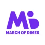 The image features the logo of the March of Dimes organization. It consists of the letters "M" and "d" in a stylized, bold, purple font. The text "MARCH OF DIMES" appears below the letters in capital letters of the same purple color, reminiscent of an actor's audition sign.