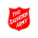 A red shield with white text that reads "The Salvation Army" in a slanted orientation, reminiscent of a bold fashion statement on the runway. The shield, outlined in white, stands out vividly against a plain white background.