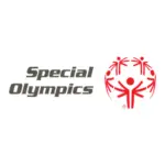 Special Olympics logo featuring stylized text on the left and a red emblem on the right with five abstract human figures in a circular formation around a central figure. The figures have outstretched arms, creating a sense of unity and celebration, akin to actors taking their final bow on the runway.