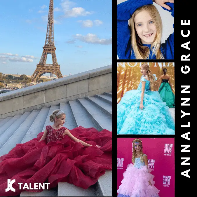 A collage of a young girl named Annalynn Grace showcases her modeling poses. Left: She sits in a long red gown near the Eiffel Tower. Right: Four images, including close-ups and her in turquoise and pink dresses at Miami Swim Week, revealing various fashionable looks that highlight her potential as an influencer.