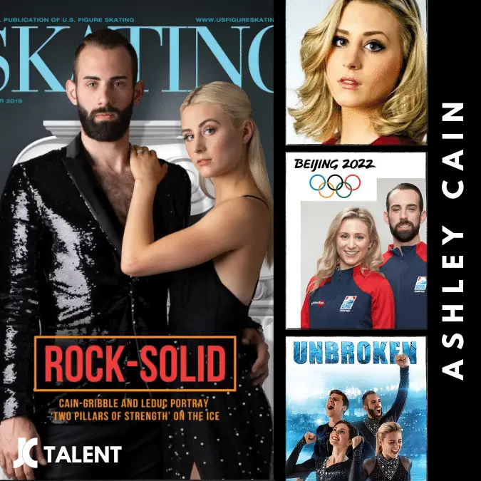 Cover of SKATING magazine featuring influencer athletes Ashley Cain and Timothy LeDuc in black and white formal attire. Includes images of Ashley Cain solo, them as Team USA models, the Beijing 2022 Olympic logo, and a picture of them celebrating on the ice. Text includes "ROCK-SOLID" and "UNBROKEN".