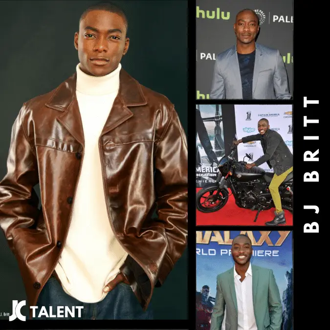 A collage showcasing the talented actor BJ Britt. The left image captures him posing in a leather jacket and turtleneck. The top right features him in a gray suit at a Hulu event. The middle right shows him on a motorcycle, while the bottom right captures his smile at a red carpet event, akin to walking the runway.