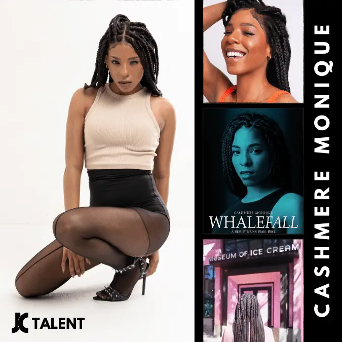 A collage features shots of the talented model, Cashmere Monique. Seen in various poses, she wears a white tank top with black high-waisted shorts, smiles brightly in an orange top, and stands in front of a pink door. Another image shows a movie poster titled "Whalefall" with her image.