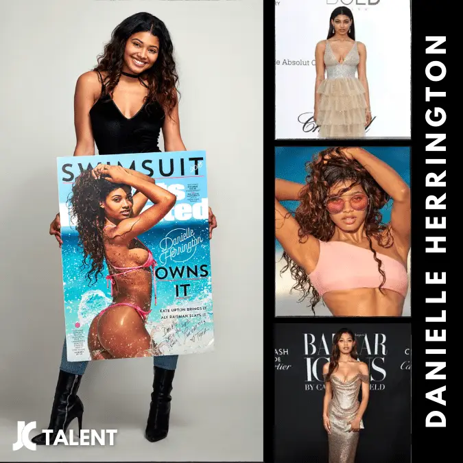 Collage image featuring a model holding a large magazine cover with her photo on it. The collage includes three other photos of her in different outfits: a formal dress, a casual ensemble with sunglasses, and a silver evening gown. The text "Danielle Herrington" is on the right edge.