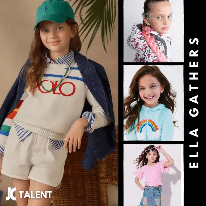 A young girl modeling four different outfits is displayed. The main image shows her in a white sweater with "POLO" and white shorts. Smaller side images show her in a floral hoodie, a blue top with a rainbow, and a pink tee with denim shorts. Text reads "Ella Gathers: Talent & Influencer.