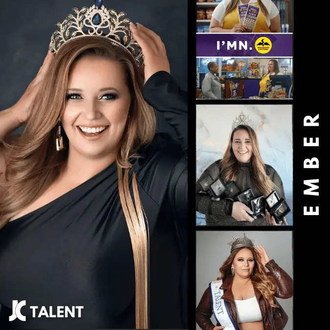 Four photos form a collage of a woman in different settings and outfits. The main image shows her smiling and wearing a crown and a black dress. Three smaller images capture her posing: one with a sash, another as an influencer with grocery items, and one styled for the runway. Text reads "EMBER" and "TALENT.