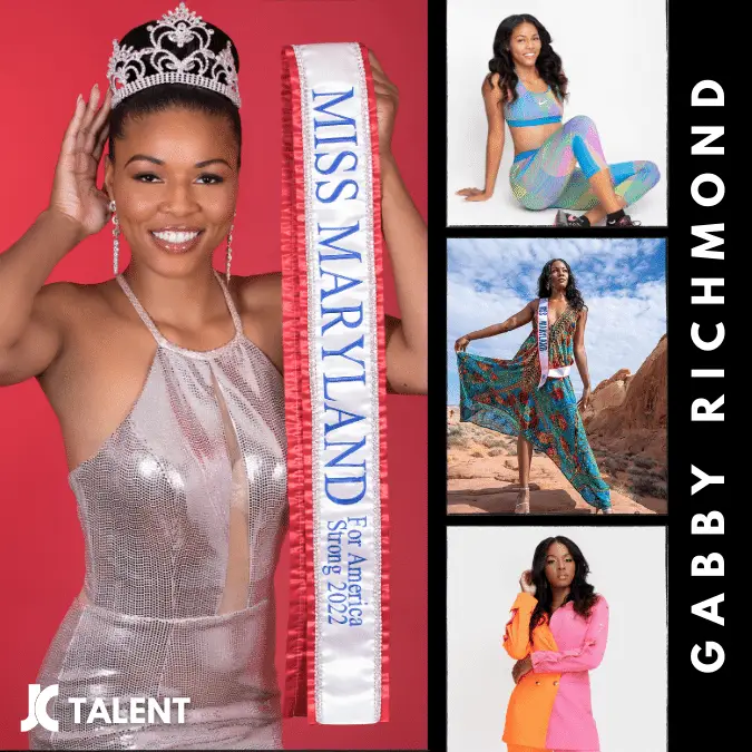 A woman wearing a silver dress and a crown holds a "Miss Maryland for America Strong 2022" sash. Next to her are three photos: one in colorful activewear, one in a patterned dress in a desert, and one in a pink blazer dress. The text "Gabby Richmond" is on the side, hinting at her runway flair and upcoming auditions.