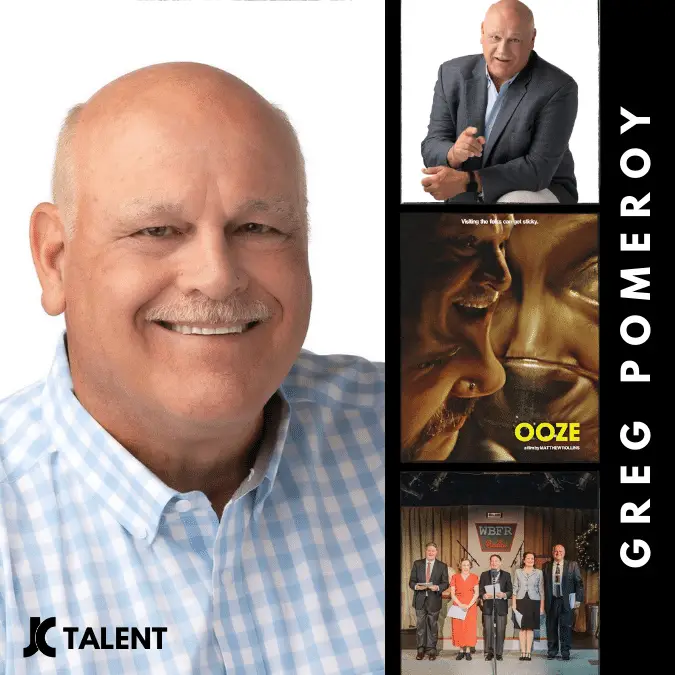 A promotional collage featuring actor and influencer Greg Pomeroy. The image includes his headshot, a picture of him sitting and talking, a movie poster titled 'OOZE' with an image of faces and a logo, and a group photo of five people on stage at an event.