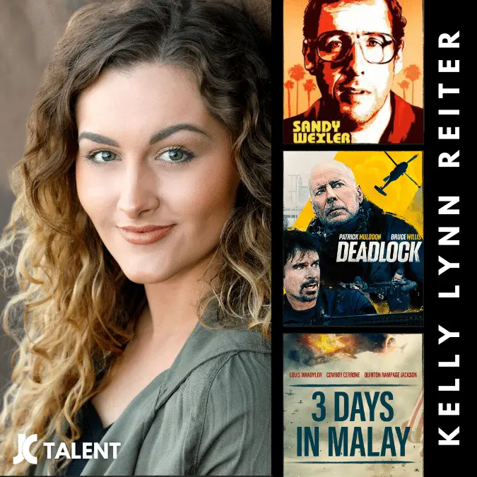 A headshot of a smiling woman with long, wavy hair beside a vertical display of three movie posters: "Sandy Wexler," featuring a man's face with glasses; "Deadlock," with two men and a city backdrop; and "3 Days in Malay," showing men with intense expressions. Text on the side reads, "Kelly Lynn Reiter - Actor & Model" and a