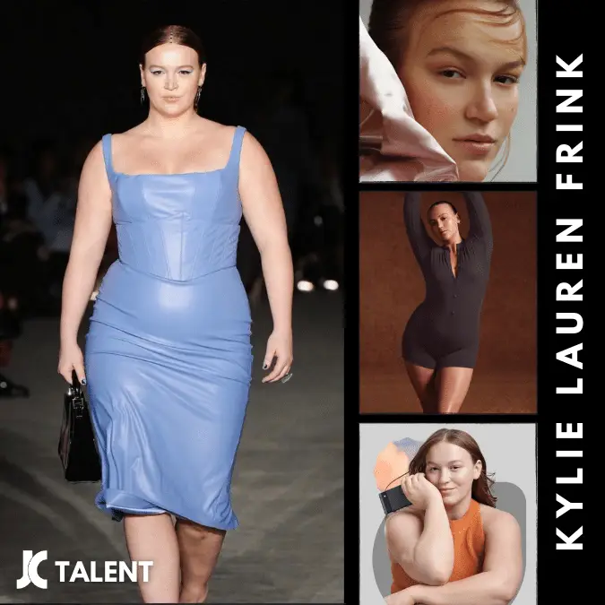 A plus-size model confidently walks the runway in a form-fitting blue dress, holding a black handbag. To the right, three smaller photos show this talented influencer in various poses, each highlighting different outfits and settings. Text on the right reads "KYLIE LAUREN FRINK.