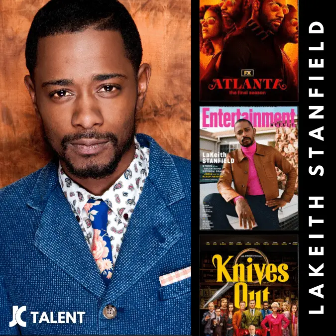 A man wearing a blue patterned suit and floral shirt poses against a wooden background. To the right, there are posters of the show "Atlanta," "Entertainment," and the movie "Knives Out," each featuring him. The text on the right says "Lakeith Stanfield." It's as if he's at an audition for a runway model gig.