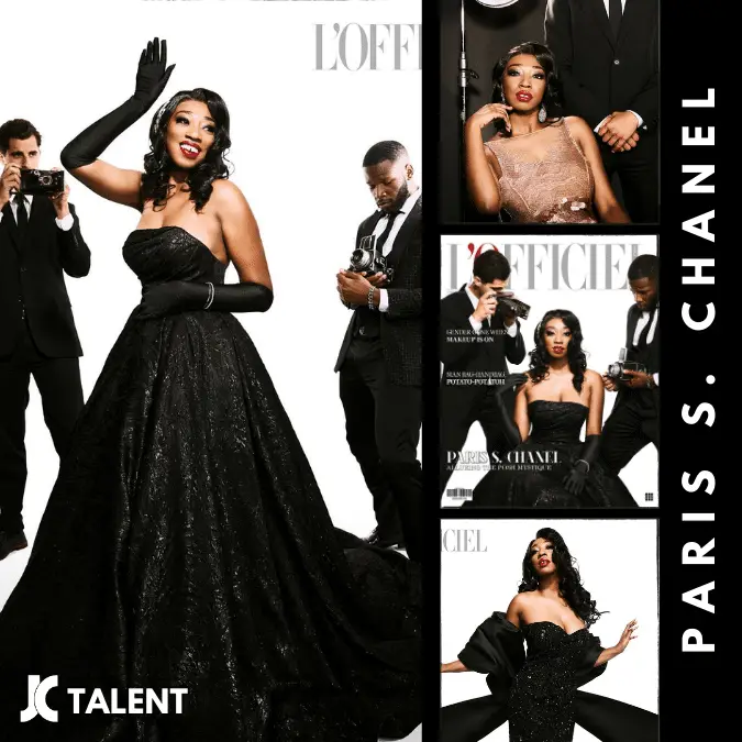 A woman in a glittering black gown poses with photographers in the background, showcasing her influencer flair. To the right, three smaller photos capture her various glamorous poses. The text "L'Officiel" and "Paris S. Chanel" are displayed prominently. The JC Talent logo is in the bottom left corner.