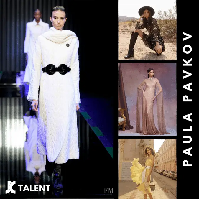 A collage features models displaying various fashion outfits. The primary image is a model on a runway in a white, textured coat with a large button detail. On the right, three smaller photos show influencers in a desert setting, a flowing gown, and a yellow dress. The text "PAULA PAVKOV" is inscribed vertically.