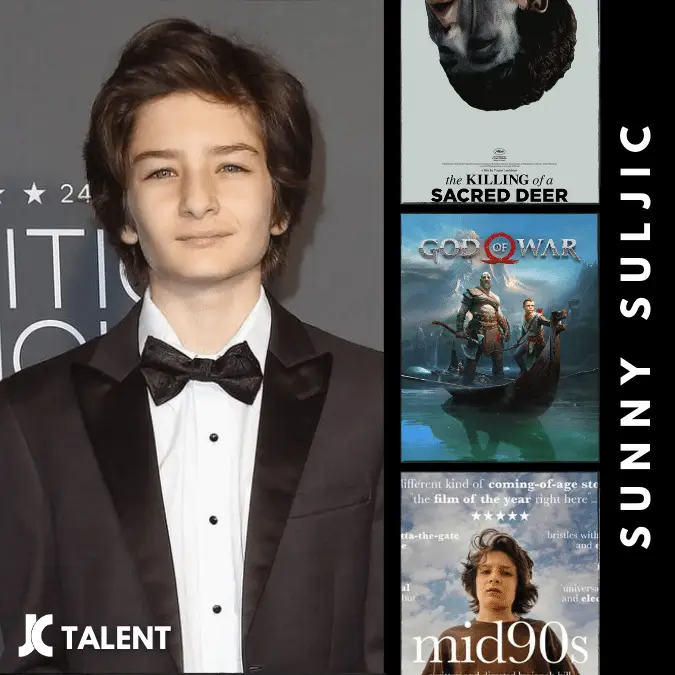 A distinguished young talent in a tuxedo stands beside a vertical strip showcasing three items: a poster for "The Killing of a Sacred Deer" (top), a "God of War" game cover (middle), and the "mid90s" movie poster (bottom). The name "Sunny Suljic" runs vertically, highlighting his multifaceted career as an actor.