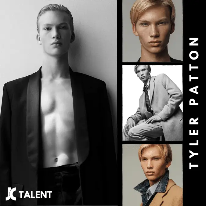 Composite photo of male model Tyler Patton, featuring four different images. The largest, in black and white, shows him in an open blazer with no shirt. The other three color photos are close-ups showcasing this talented influencer in various stylish outfits. JC Talent logo is at the bottom left.