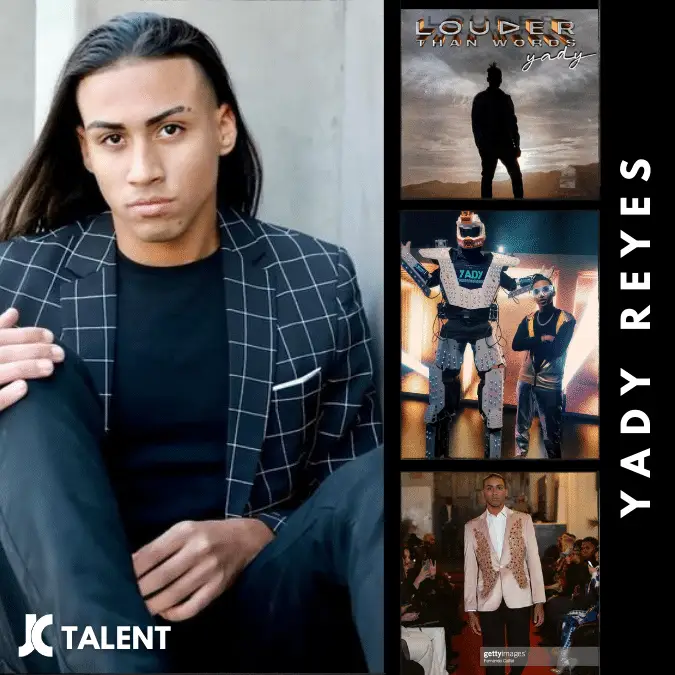 A promotional image featuring "Yady Reyes" in large vertical text. The left side shows a portrait of the talented actor with long hair wearing a checkered blazer. The right side displays three images: an album cover, a performance with a robot, and walking the runway in a suit. JC Talent logo is at the bottom.