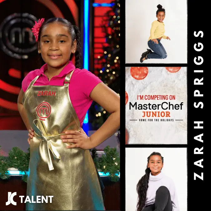 Image collage of a young contestant named Zarah Spriggs on MasterChef Junior: Home for the Holidays. Zarah, posing confidently in a golden apron, showcases her talent. The collage also features smaller pictures of Zarah in casual outfits and a promotional card for the show.